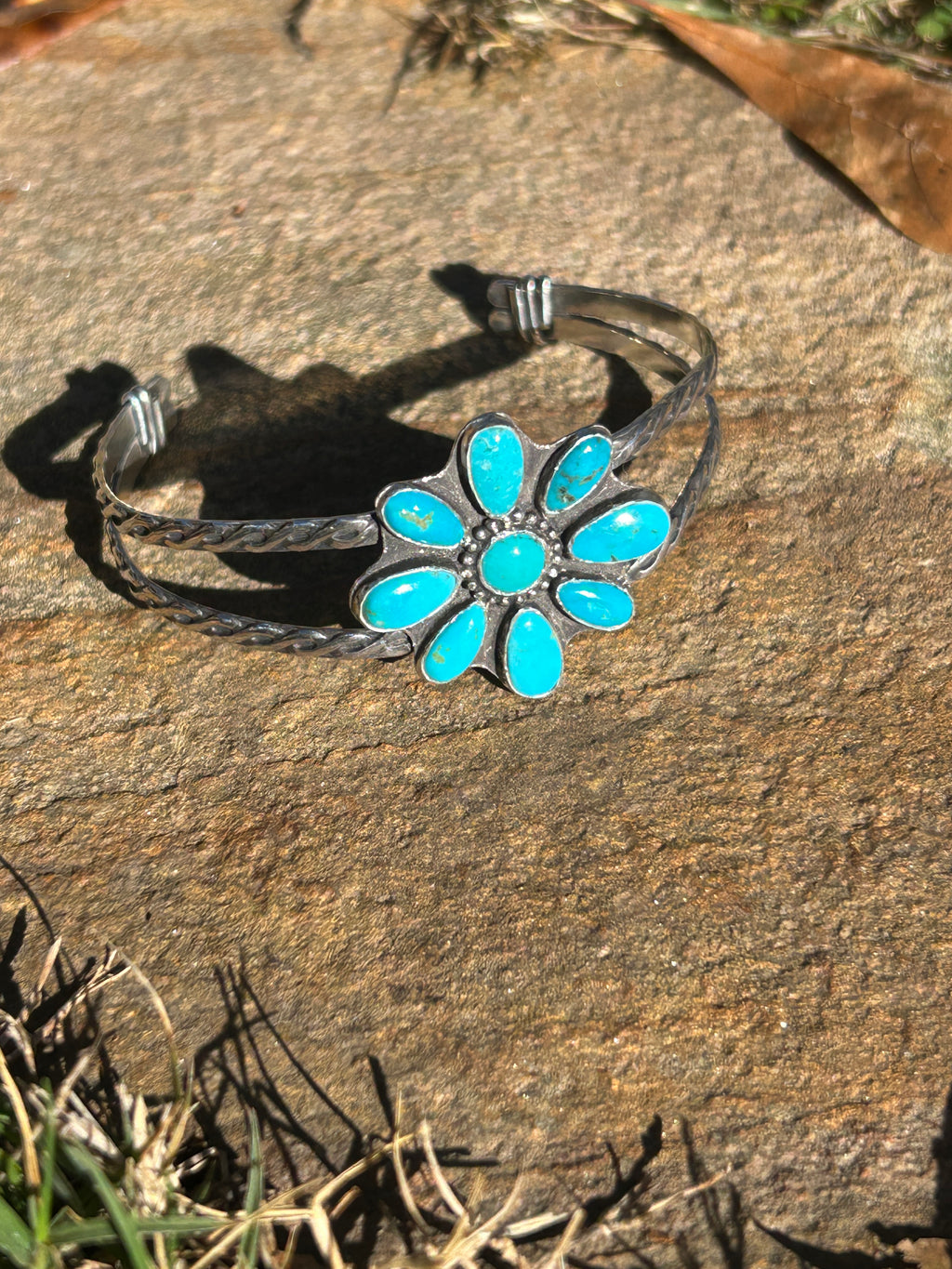 Turquoise and Sterling Silver Flower Cuff