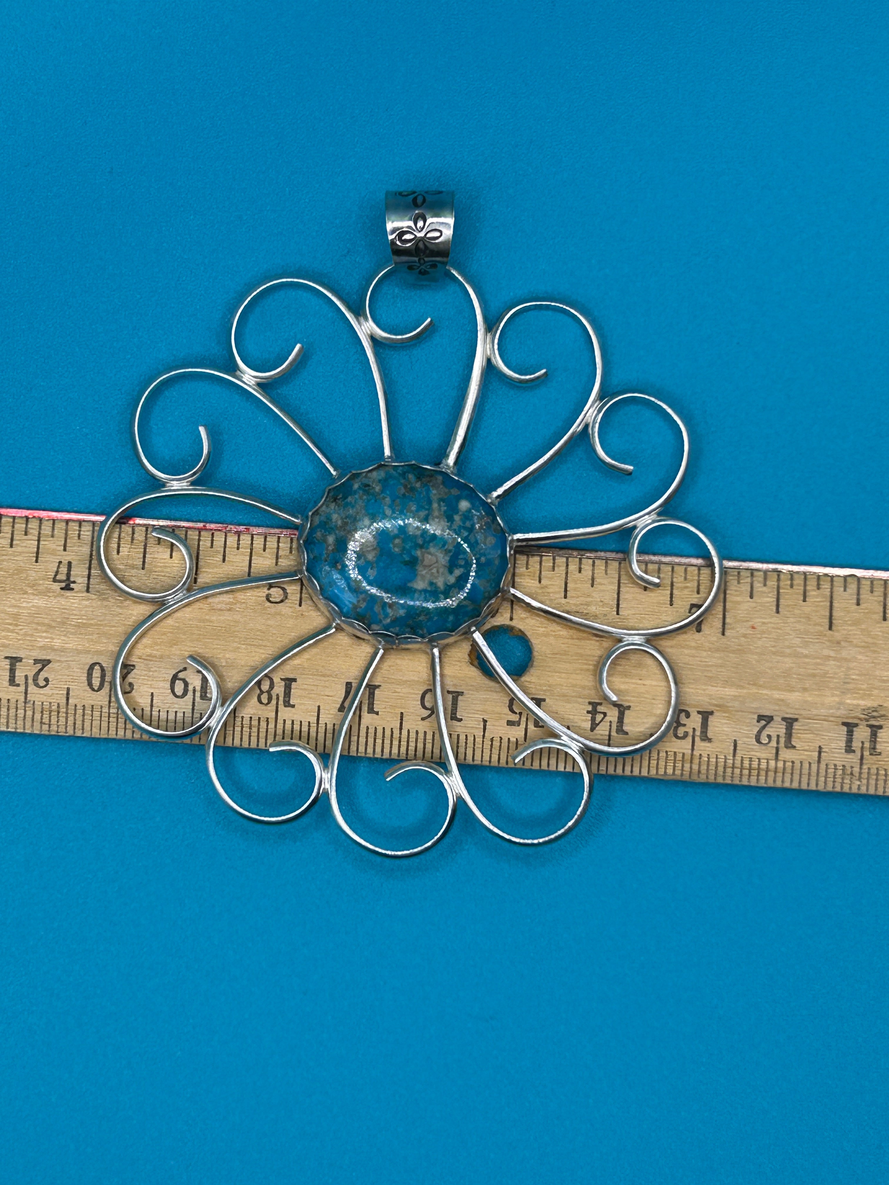 Large Turquoise and Sterling Flower Pendant