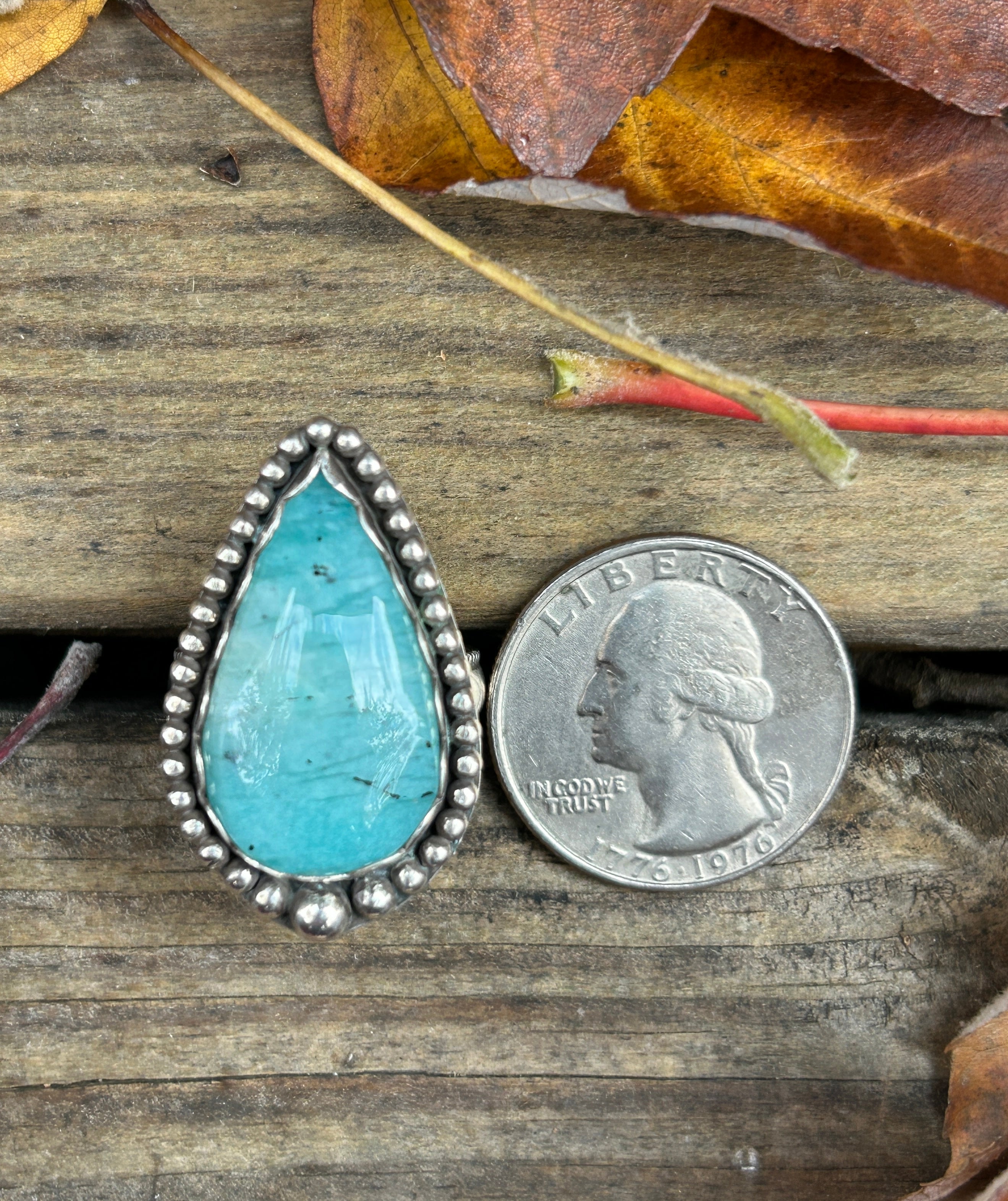 Turquoise Amazonite Sterling Silver Ring, Handmade Beaded Band (Size 8)