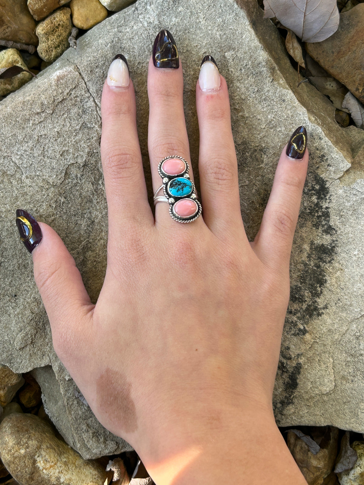 Pink Conch and Sleeping Beauty Turquoise Crawler Ring sz 6.5