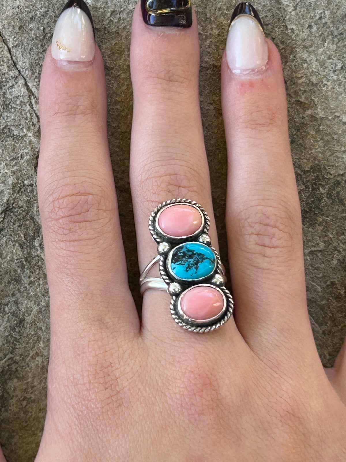 Pink Conch and Sleeping Beauty Turquoise Crawler Ring sz 6.5