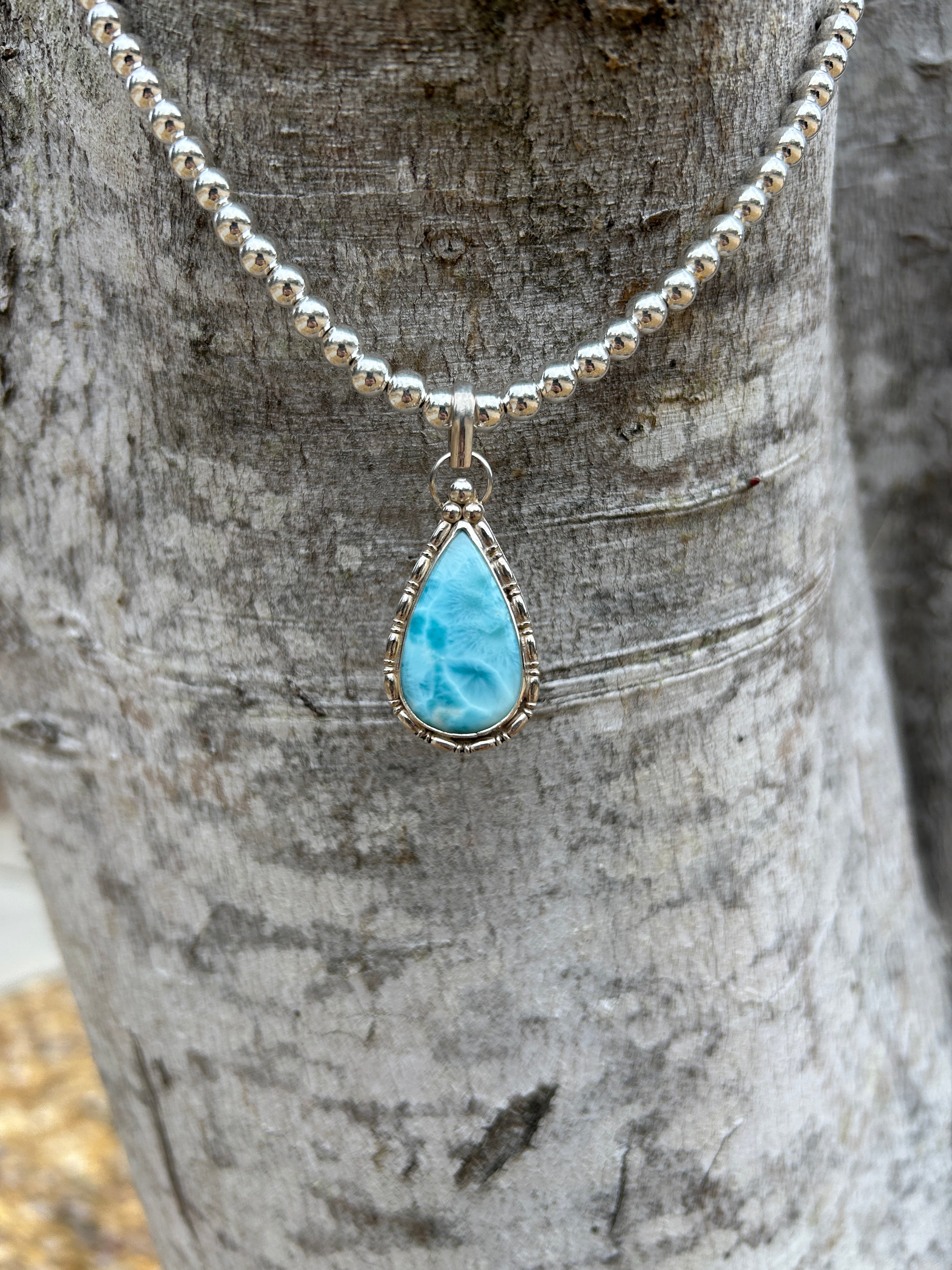 Sterling Silver Natural Larimar Teardrop Necklace