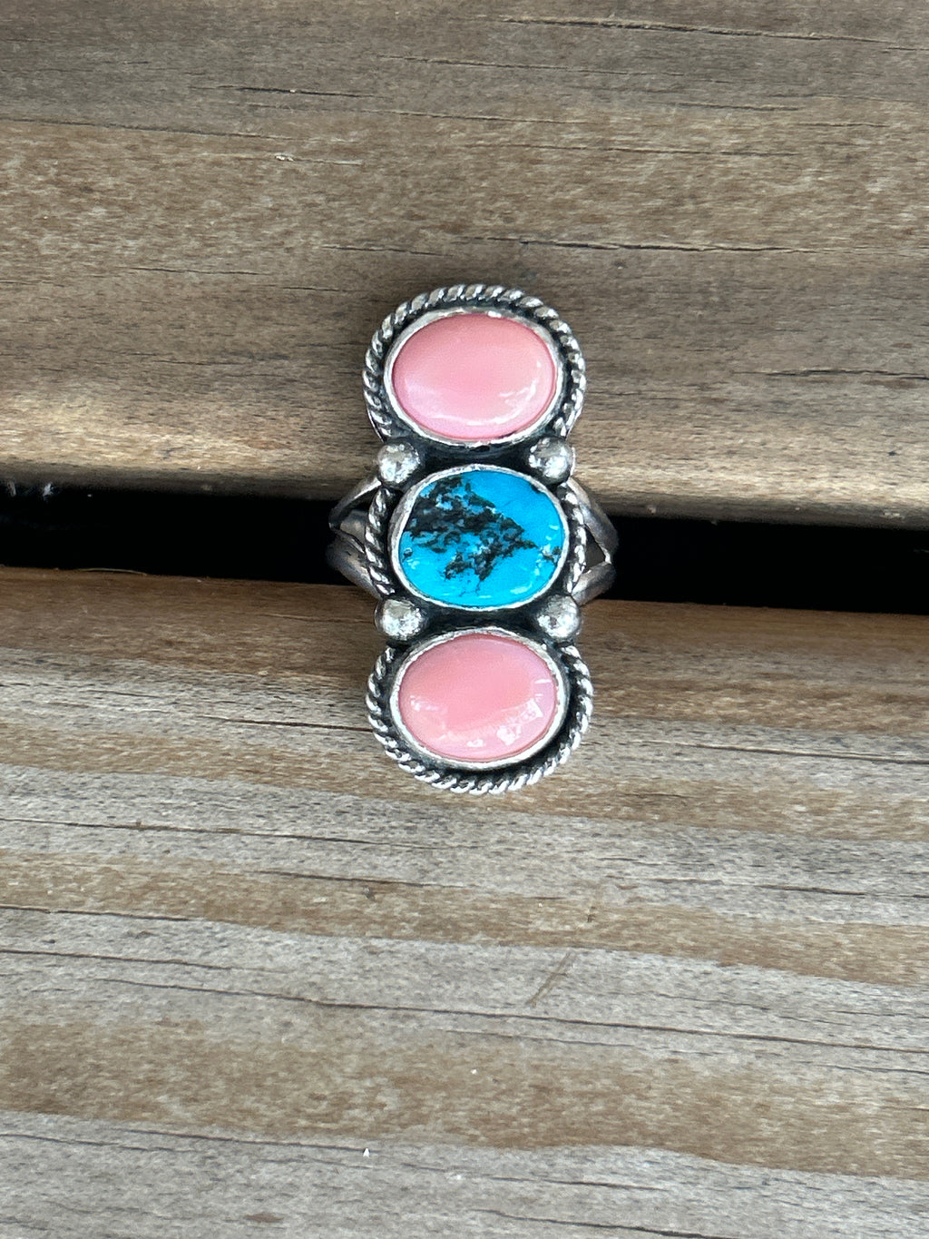 Pink Conch and Sleeping Beauty Turquoise Crawler Ring sz 6.5